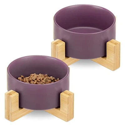 Image de Navaris Lot 2X Bol en Céramique Gamelle pour Chat Chiot 550 ML avec Support Bambou Set Surélevée Socle Design Danois