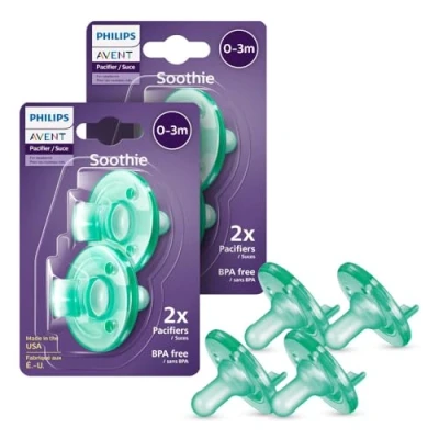 Image de Philips Avent Soothie Lot de 4 tétines orthodontiques pour bébé, 100 % silicone, sans BPA, bébés 0 à 3 mois, vert, modèle SCF190/41