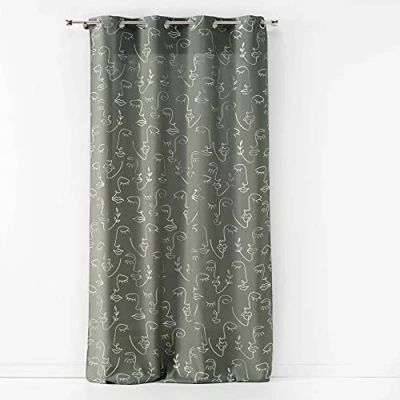 Image de douceur d&#039;intérieur, Rideau à Oeillets (140 x 260 Cm) Arty Line Kaki/Argent, Polyester Imprimé Métallisé