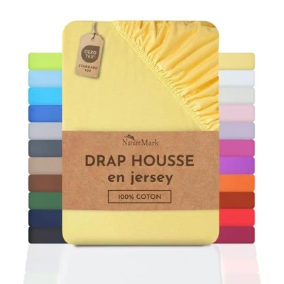 Image de NatureMark Drap Housse en Jersey, 100% Coton, Disponible dans de Nombreuses Tailles et Couleurs, qualité Oeko Tex Standard 100, 180 x 200 cm cm, Jaune
