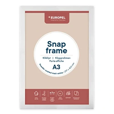 Image de Europel Cadre Porte affiche clic clac léger A3, finition blanche mate et poudrée, 25x11 mm, Aluminium anodisé protecteur anti reflet, extérieures 328x451 Dos polystyrène gris