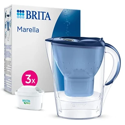 Image de BRITA Carafe Filtrante Marella Bleue (2,4l) incl 3 cartouches filtre eau robinet MAXTRA PRO All in 1 réduit PFAS,calcaire, chlore, certaines impuretés et métaux indicateur temporel, éco emballage