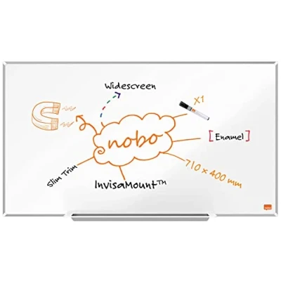 Image de Nobo Tableau Blanc Magnétique Émaillé Widescreen avec Porte Marqueurs, 710 x 400 mm, Bords Fins, Système de Fixation InvisaMount, Impression Pro, Blanc, 1915248