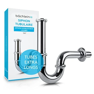 Image de Bächlein Siphon Universel pour Lavabo et Évier (Extra Long) Bonde de Tubulaire Adaptable Anti Odeur avec Orifice Nettoyage + Mode d’Emploi Chromé