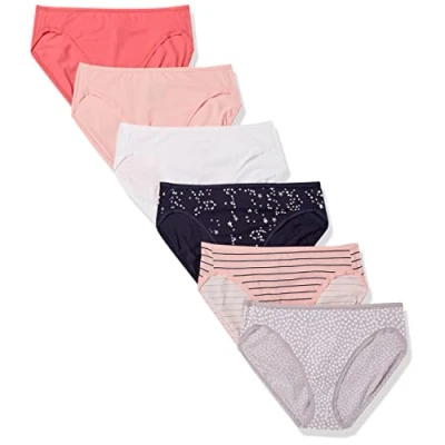Image de Amazon Essentials Culotte en Coton à Jambe échancrée (Grandes Tailles Disponibles) Femme, Lot de 6, Multicolore/Points/Rayures/Étoiles, 44