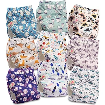 Image de Littles &amp; Bloomz Lot de 9 Bébé Couches Réutilisables en Tissu Couche Lavable à Poche avec Bouton Pression, FLP2 0901