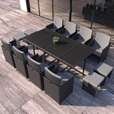 Image de CONCEPT USINE Salon De Jardin Florida 12 Personnes en Résine Tressée Noir 1 Table Verre 8 Fauteuils 4 Poufs Coussins Gris Encastrable, Résistant, Imperméable