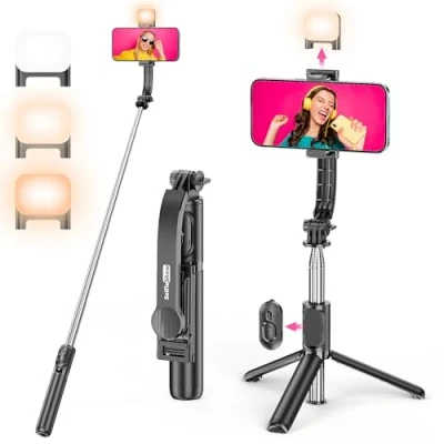 Image de Perche a Selfie avec Lumière, 107 CM Rétractable Télécommande Amovible &amp; Support de Téléphone, Mini Portable Trepied Smartphone Rotative 360 Voyage pour iphone/Android