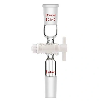 Image de stonylab Adaptateur de Contrôle Débit à Vide en Verre avec Robinet d&#039;arrêt PTFE et Deux Joints 24/40 pour l&#039;alimentation Laboratoire, Glass Vacuum Flow Control Adapter