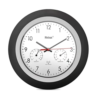 Image de Mebus Funk Wanduhr mit Thermometer und Hygrometer/schwarzer Rahmen/weißes Zifferblatt / 29cm Durchmesser/Rund/Modell: 19449 Farbe: Schwarz, Weiß