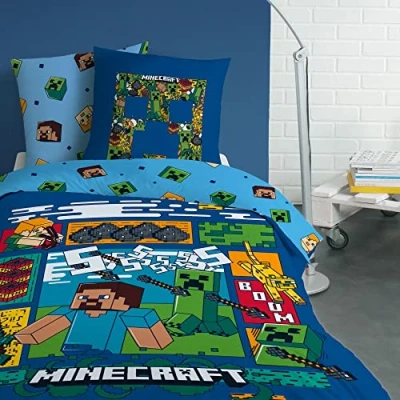 Image de Minecraft Update Parure de lit Enfant 1 Personne 100% Coton Oeko TEX Housse Couette 140x200 cm + Taie d&#039;oreiller 63x63 Imprimé Réversible Garçon Bleu
