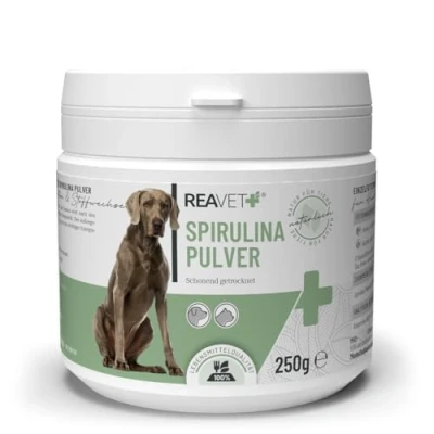 Image de ReaVET Spiruline en Poudre Bio pour Chiens &amp; Chats 250g Les microalgues soutiennent la Peau Le Pelage, système immunitaire processus métaboliques