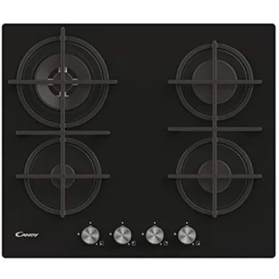 Image de Candy CVG6BR4WPB Plateau de cuisson à gaz en verre trempé 60 cm, 4 feux, encastrer, grilles fonte, brûleur Wok, soupape sécurité, GPL et méthane, x 51 50 noir