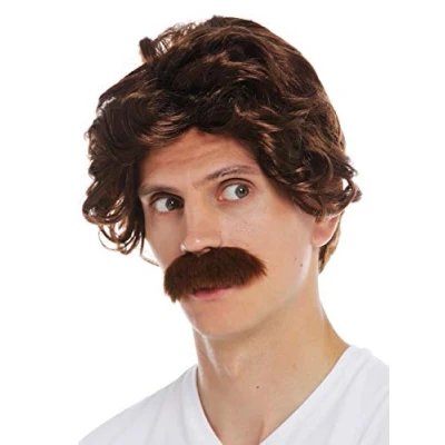 Image de WIG ME UP 7090 FR33A Perruque Carnaval Halloween Hommes Moustache années 70 rétro Flic Policier Papi Brun Rouge