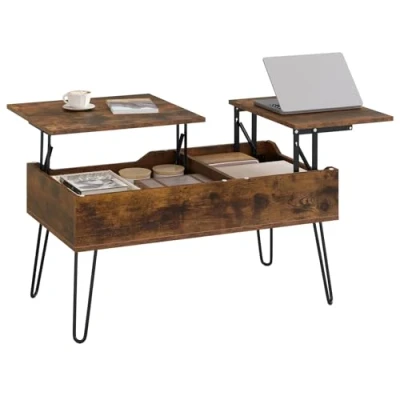 Image de WOLTU Table Basse Relevable, de Salon, Industrielle avec 2 Compartiments Cachés, Salle à Manger, Pieds en Métal, Effet Bois brûlé,BTS14vbn