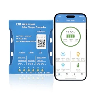 Image de Régulateur de charge solaire Bluetooth 20 A 12 V Y&amp;H V/24 Contrôleur intelligent PWM avec port USB PV : 50 pour batteries au plomb, LiFePO4