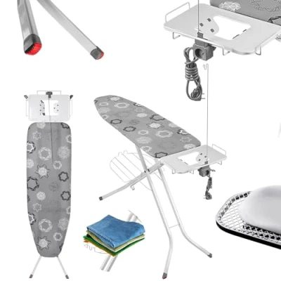 Image de KADAX Planche à Repasser pour Centrale Vapeur, Table Pliable avec Prise de Courant, Housse en Coton et Hauteur Réglable (120 x 38 cm, Gris)