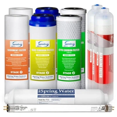 Image de iSpring F10KU Lot de 10 Cartouches Filtrantes Rechange pour Systèmes d&#039;osmose Inverse UV Alcalins Minéraux à 7 Étages, Pièces, Blanc