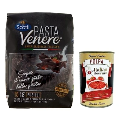 Image de Riso Scotti Pasta Venere Fusilli Pâtes à base de semoule blé dur et farine riz complète noire, lot 400 g + Italian Gourmet Polpa di Pomodoro boîte