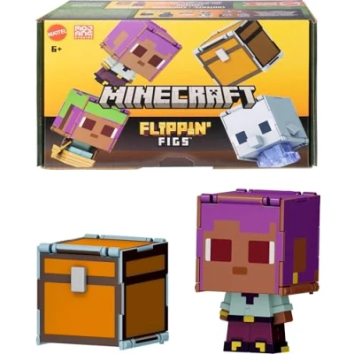 Image de Mattel Minecraft Coffret Flippin’ Figs EFE + sur Son voilier et Dauphin Coffre avec 2 Figurines articulées en 1 de 9,5 cm à Transformer, têtes surdimensionnées, JCY31