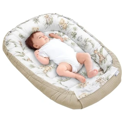 Image de Medi Partners Reducteur de lit Bébé Cocon 100x60x15cm 100% Coton Waffle Baby Nest Nouveau né Nid Bébés Oreiller Couverture Fermoir sécurisé (Safari avec Gris Waffle)
