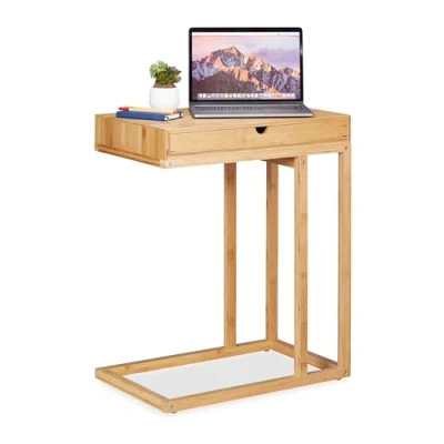 Image de Relaxdays, nature basse d&#039;appoint bambou, Console en bois, Table chevet rectangulaire, tiroir, HLP 68 x 55 35 cm, 1 élément