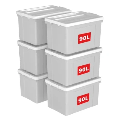 Image de Cetomo 90L * 6 boîte de rangement en plastique, fourre tout, récipient d&#039;organisation avec couvercle durable et boucles verrouillage sécurisées, empilable emboîtable, lot