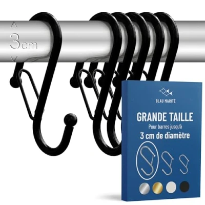 Image de Blau Marité 6 Crochets en Forme de S avec Système Anti chute. Longueur: 10cm. Pour barres jusqu&#039;à 3cm diamètre. Aide à l&#039;organisation la maison. (Noir, Gros 10cm (Barres