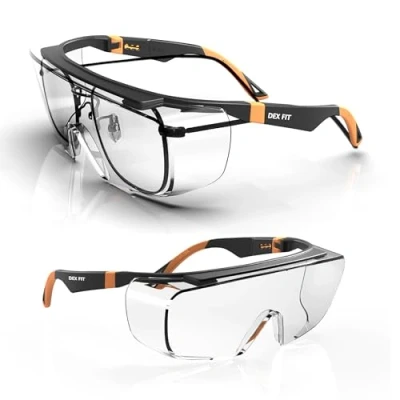 Image de DEX FIT SG210 Lunettes de sécurité superposées, adaptables, protection des yeux Z87, résistantes à la buée et aux rayures, réglables, UV, monture noire/orange, verres transparents
