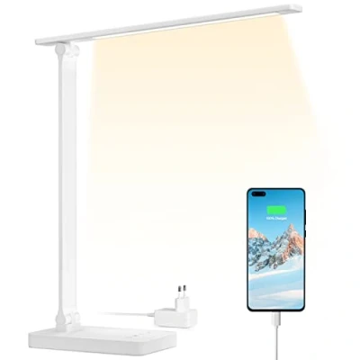 Image de Lepro Lampe de Bureau LED 15W avec Port USB Lampes Dimmable 96LEDs 655LM, Puissant, Pied Réglable, Moderne, Contrôle Tactile, Anti Éblouissement Pour Lecture Travail Manucure Couture Blanc