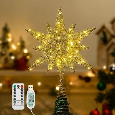 Image de Lewondr Etoile Sapin de Noel, Pointe d&#039;Etoile Hexagonale pour Noël Alimenté par Pile/USB avec Lumières LED + Base en Spirale, Decoration Noel Maison Salon Chambre Jardin Champagne Or