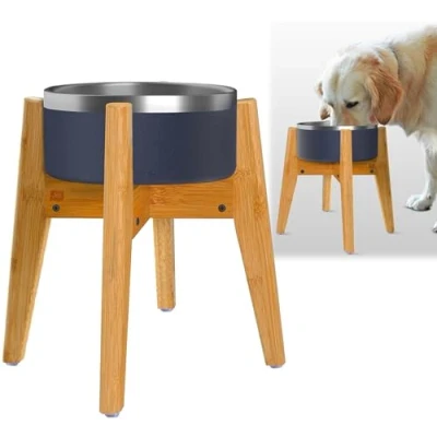 Image de Support réglable pour gamelle Chien surélevé Largeur (Extensible de 17,8 à 25,4 cm) Bambou Naturel