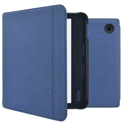 Image de Étui de liseuse portefeuille Canvas Sleepcover avec support Kobo Libra 2 / Tolino Vision 6 Bleu foncé iMOSHION®