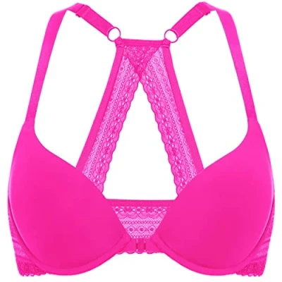 Image de DOBREVA Femme Soutien Gorge Push Up Rembourré avec Armature Fermeture Devant Decollete Plongeant Dos Croisé Rose Pailleté 85B