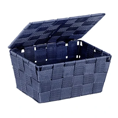 Image de WENKO Panier De Salle Bain Avec Couvercle Adria, Boîte Rangement Tendance, Plastique Tissé, 100% Polypropylène, Dimensions : 19 x 10 14 cm, Couleur Bleu Foncé