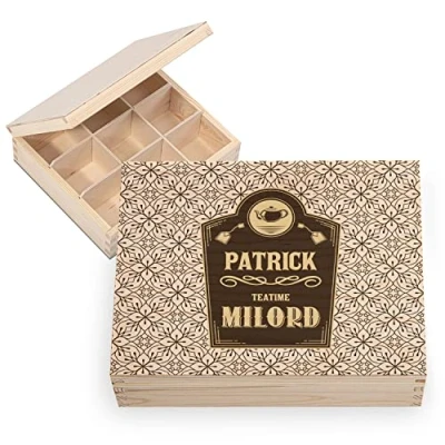 Image de Ferocity Coffret à thé en bois personnalisé avec nom YOUR TEXT 20,5 x 23,5 cm Boîte de rangement pour sachets 6 compartiments design UV Milord [160]