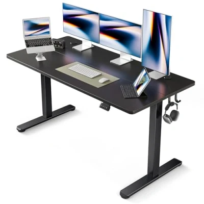Image de FEZIBO Bureau Debout Électrique Réglable en Hauteur, Table de 152 x 60 cm, Travail Assis avec Panneau d&#039;Assemblage, Cadre Noir/Plateau Noir