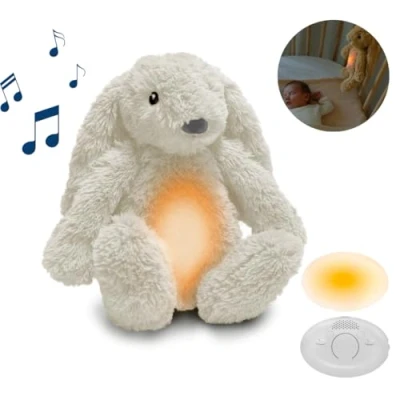Image de ZAZU Ro le lapin Aide au sommeil pour bébé avec batterie rechargeable Veilleuse en plusieurs couleurs &amp; sons apaisants, capteur de vin, arrêt automatique et câble charge USB C (blanc)