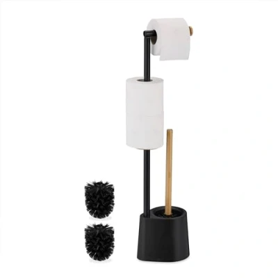 Image de Relaxdays Serviteur WC, Bambou, Acier Inoxydable, Support à Poser, Brosse et Porte Brosse, Noir