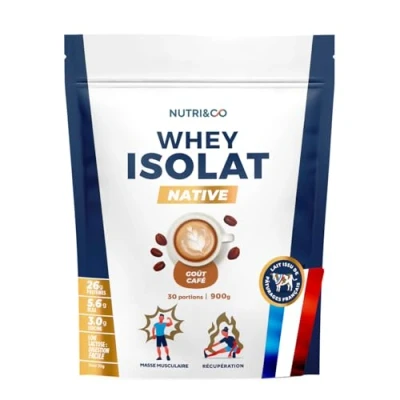 Image de NUTRI &amp; CO Whey Isolate Native Jusqu’à 94% de Protéines Pur Lait Français Low Lactose Digestion Facile Riche en BCAA Prise Masse Musculation 1kg 33 portions goût Café