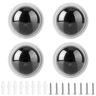 Image de 4pcs simulateur de caméra Simulation dôme factice avec Clignotant LED pour Les Maisons et Entreprises alimenté par 2 * Piles AA(Blanc)