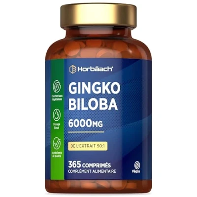 Image de Ginkgo Biloba 6000mg 365 Vegan Comprimes et non Gelules (1 An) Extrait 50:1 de Gingko Forte Facile à Avaler Ginko par Horbaach