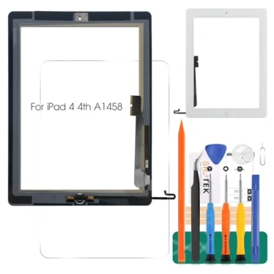 Image de Écran tactile numériseur de rechange pour iPad 4 4ème A1458 A1459 A1460 avec verre trempé + outils bouton Home (écran LCD non inclus) (blanc)