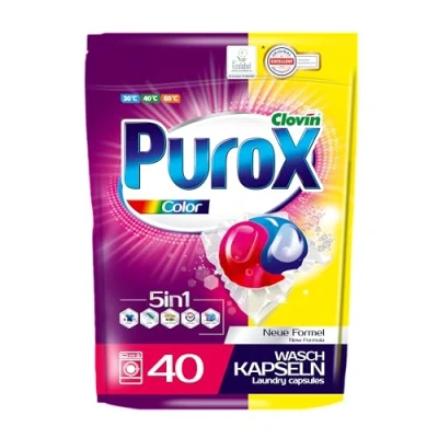 Image de PUROX COLOR Lessive Liquide en Capsules (40 Lavages), à 2 compartiments pour le lavage des textiles colorés, Détergent doypack