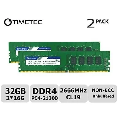 Image de Timetec 32 Go KIT(2x16 Go) DDR4 2666 MHz PC4 21300 Non ECC sans Tampon 1,2 V CL19 2Rx8 Dual Rank 288 Broches UDIMM Mise à Niveau du Module RAM de mémoire Bureau
