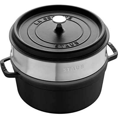 Image de STAUB Cocotte en Fonte Émaillée avec Couvercle et panier vapeur, Tous feux dont induction, 4 à 5 personnes, Ronde, 26 cm, L, 7,2 kg, Noir Mat