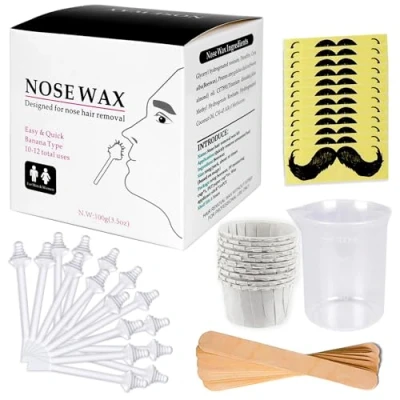 Image de Nose Wax Kit de cire pour nez homme et femme, 100 g poils nez, 20 applicateurs à pointe sûre, 10 en bois, récipients pochoirs moustache