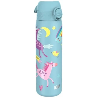 Image de ION8 Gourde Inox, 600ml, Anti Fuite, Facile à Ouvrir, Verrouillage Sécurisé, Lavable au Lave Vaisselle, Poignée de Transport, Durable, Acier Inoxydable, Motif 3D Licornes Bleu