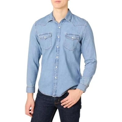 Image de Amazon Essentials Chemise en Jean à Manches Longues Coupe Ajustée Homme, Bleu Clair, S