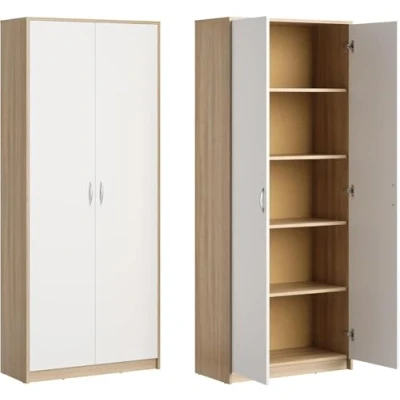Image de Classeur à 5 compartiments, armoire polyvalente, de ménage en finition mate avec 4 étagères et 2 portes, 74 cm large panneau stratifié poignées polymère haute qualité blanc sonoma